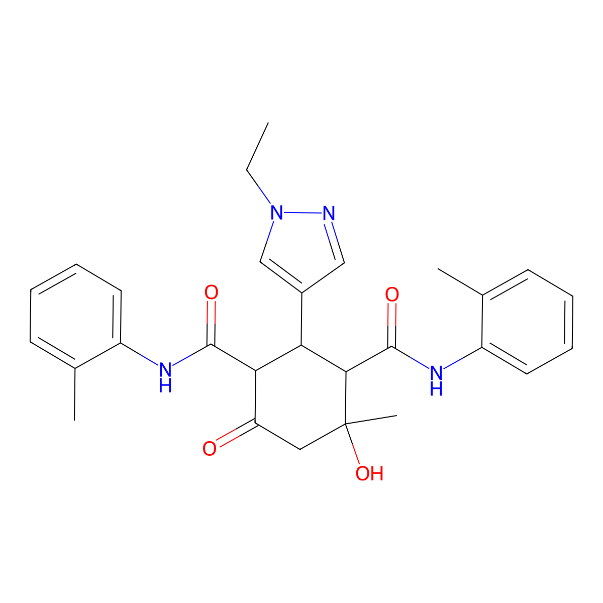 2-(1-ethyl-1H-pyrazol-4-yl)-4-hydroxy-4-methyl-N,N'-bis(2-methylphenyl)-6-oxocyclohexane-1,3-dicarboxamide molecular structure, CAS 1052554-58-1