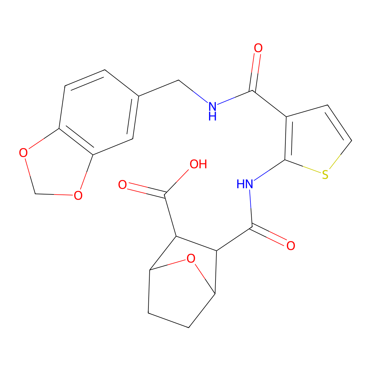 3-({3-[(1,3-Benzodioxol-5-ylmethyl)carbamoyl]thiophen-2-yl}carbamoyl)-7-oxabicyclo[2.2.1]heptane-2-carboxylic acid molecular structure, CAS 1052555-29-9