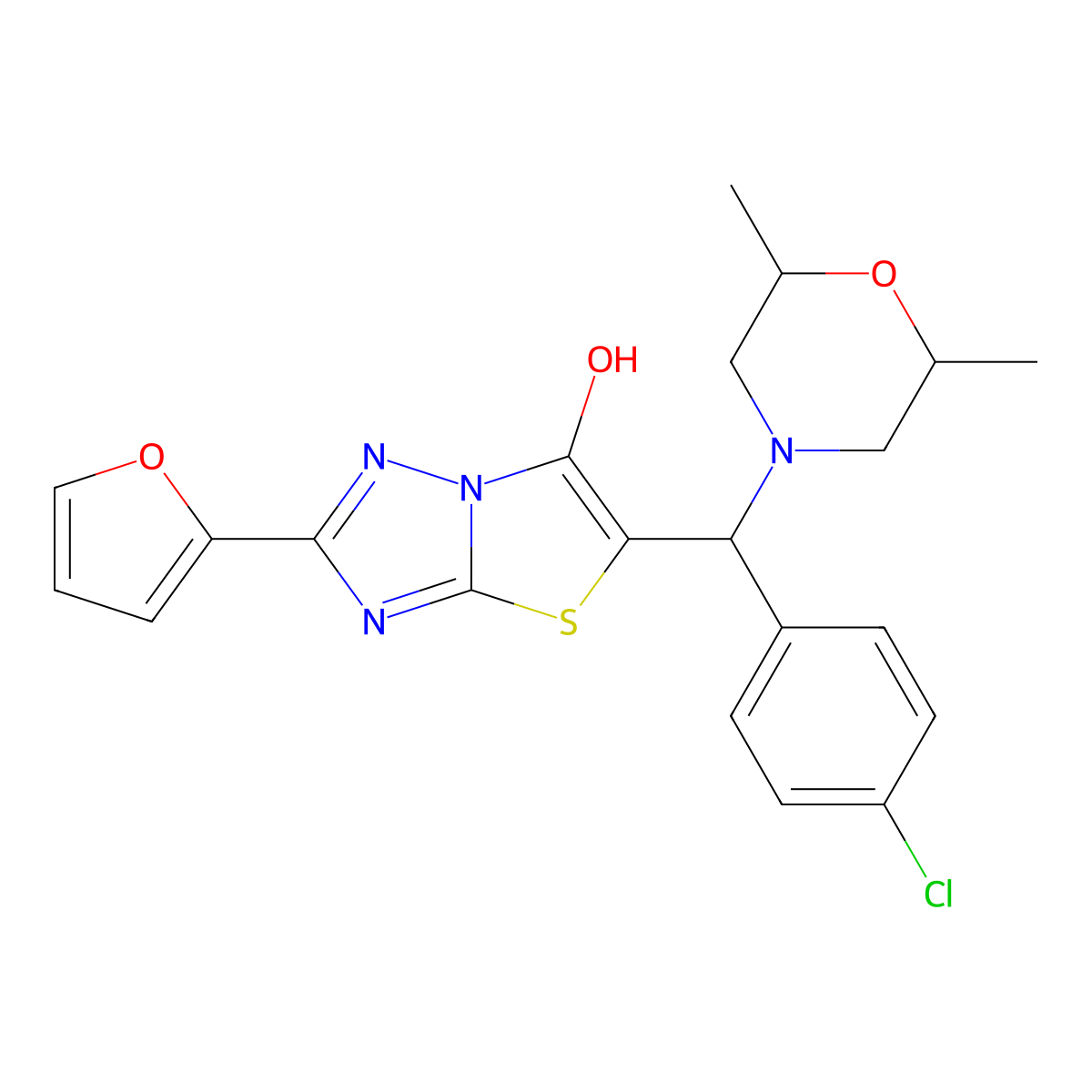 5-[(4-Chlorophenyl)(2,6-dimethylmorpholin-4-yl)methyl]-2-(furan-2-yl)-[1,2,4]triazolo[3,2-b][1,3]thiazol-6-ol molecular structure, CAS 1052555-78-8