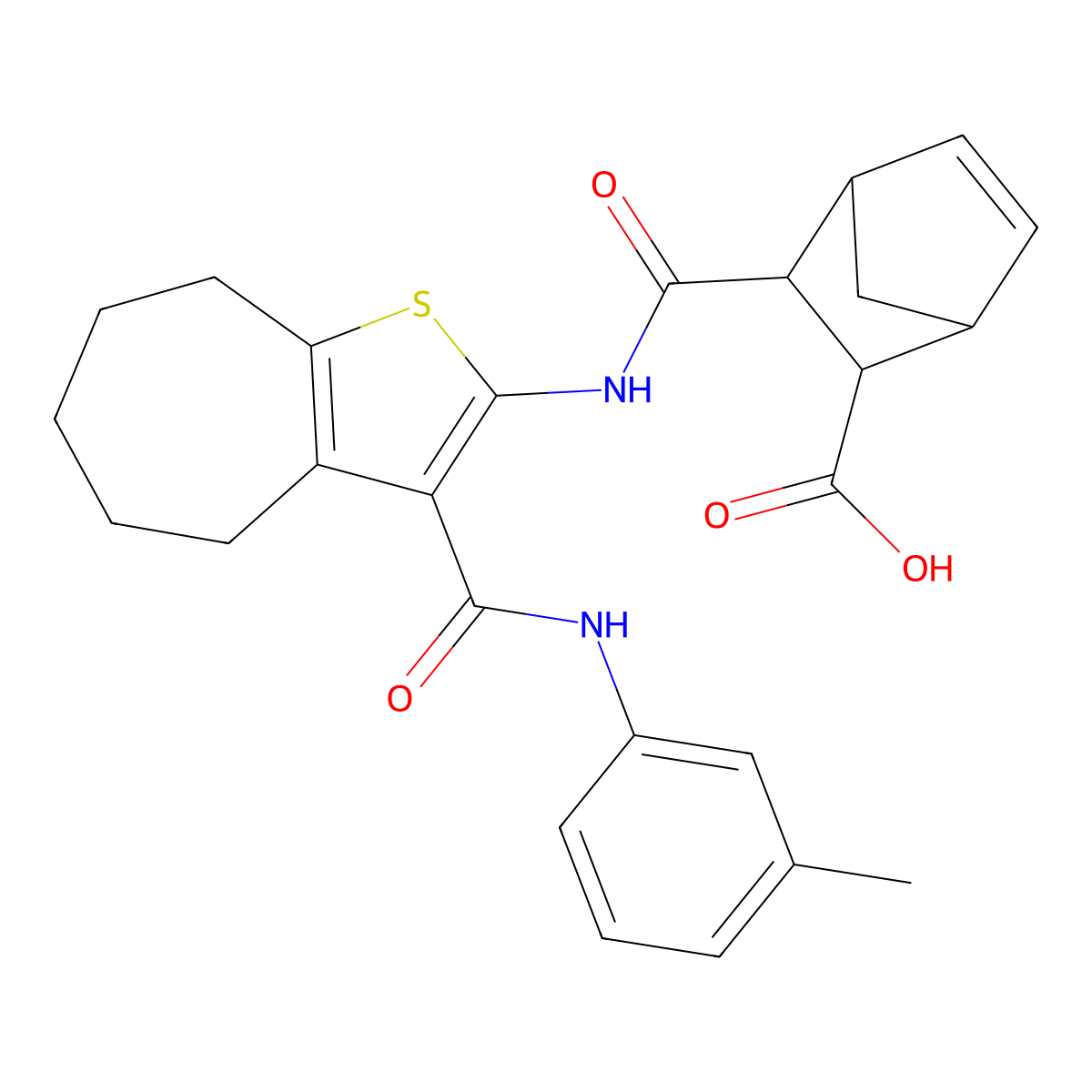 3-({3-[(3-methylphenyl)carbamoyl]-5,6,7,8-tetrahydro-4H-cyclohepta[b]thiophen-2-yl}carbamoyl)bicyclo[2.2.1]hept-5-ene-2-carboxylic acid molecular structure, CAS 1052555-92-6