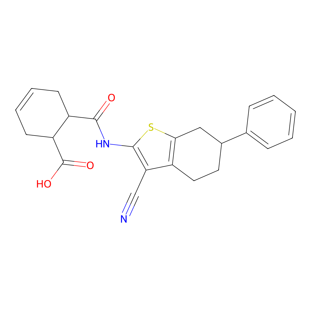 6-[(3-Cyano-6-phenyl-4,5,6,7-tetrahydro-1-benzothiophen-2-yl)carbamoyl]cyclohex-3-ene-1-carboxylic acid molecular structure, CAS 1052556-01-0