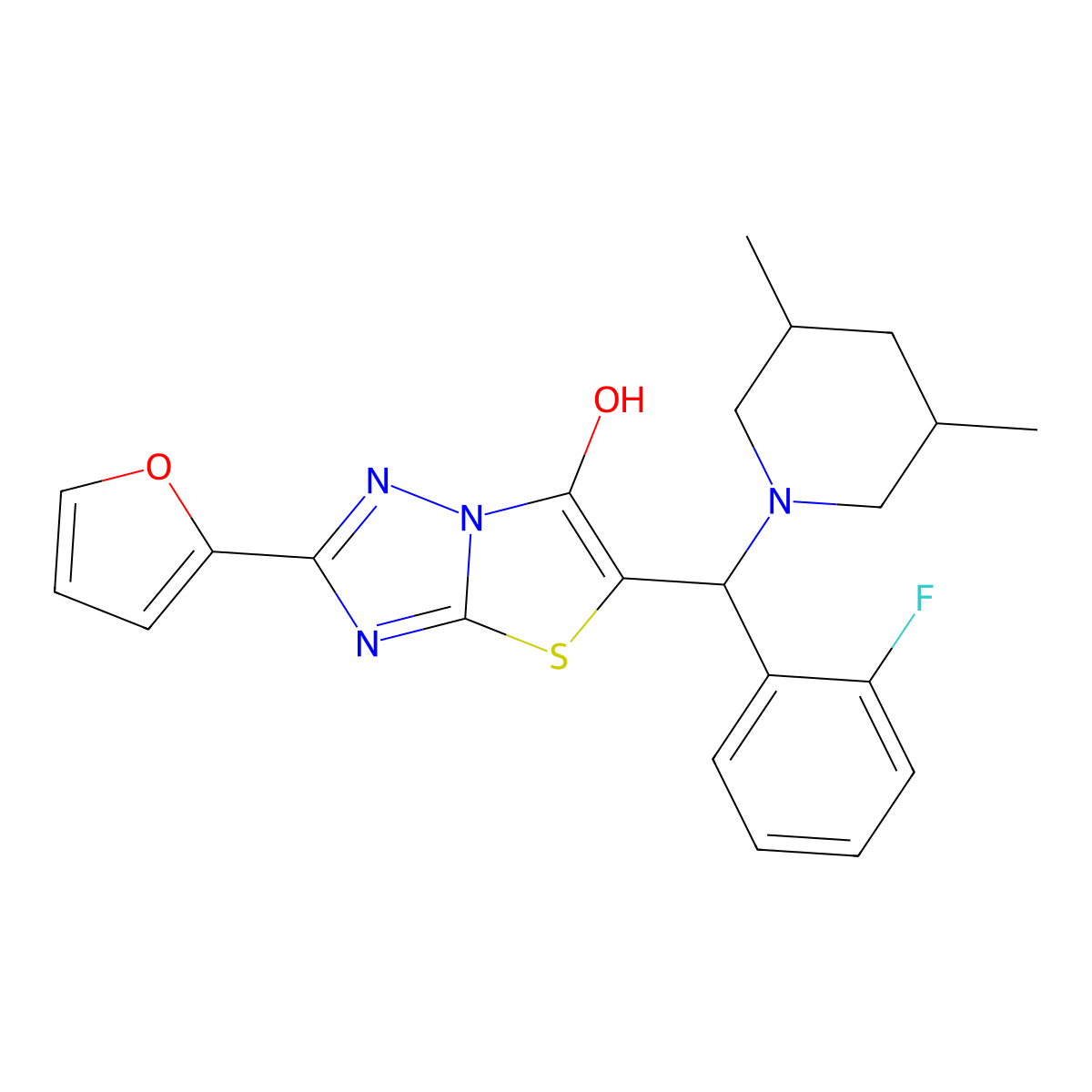 5-((3,5-Dimethylpiperidin-1-yl)(2-fluorophenyl)methyl)-2-(furan-2-yl)thiazolo[3,2-b][1,2,4]triazol-6-ol molecular structure, CAS 1052556-28-1