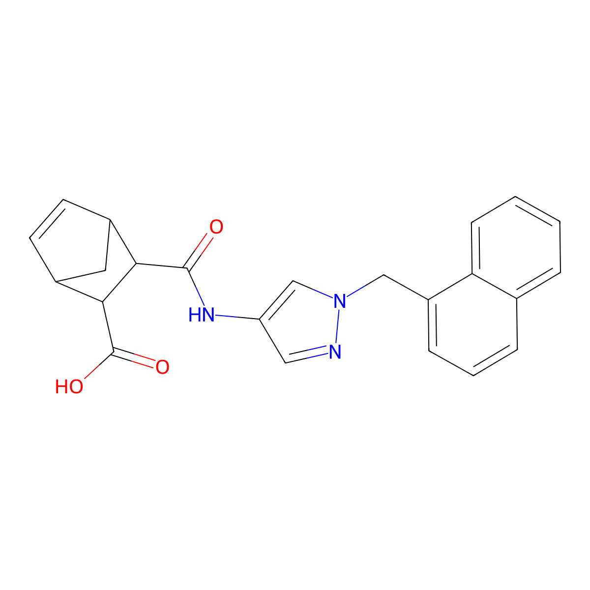 3-((1-(naphthalen-1-ylmethyl)-1H-pyrazol-4-yl)carbamoyl)bicyclo[2.2.1]hept-5-ene-2-carboxylic acid molecular structure, CAS 1052556-36-1