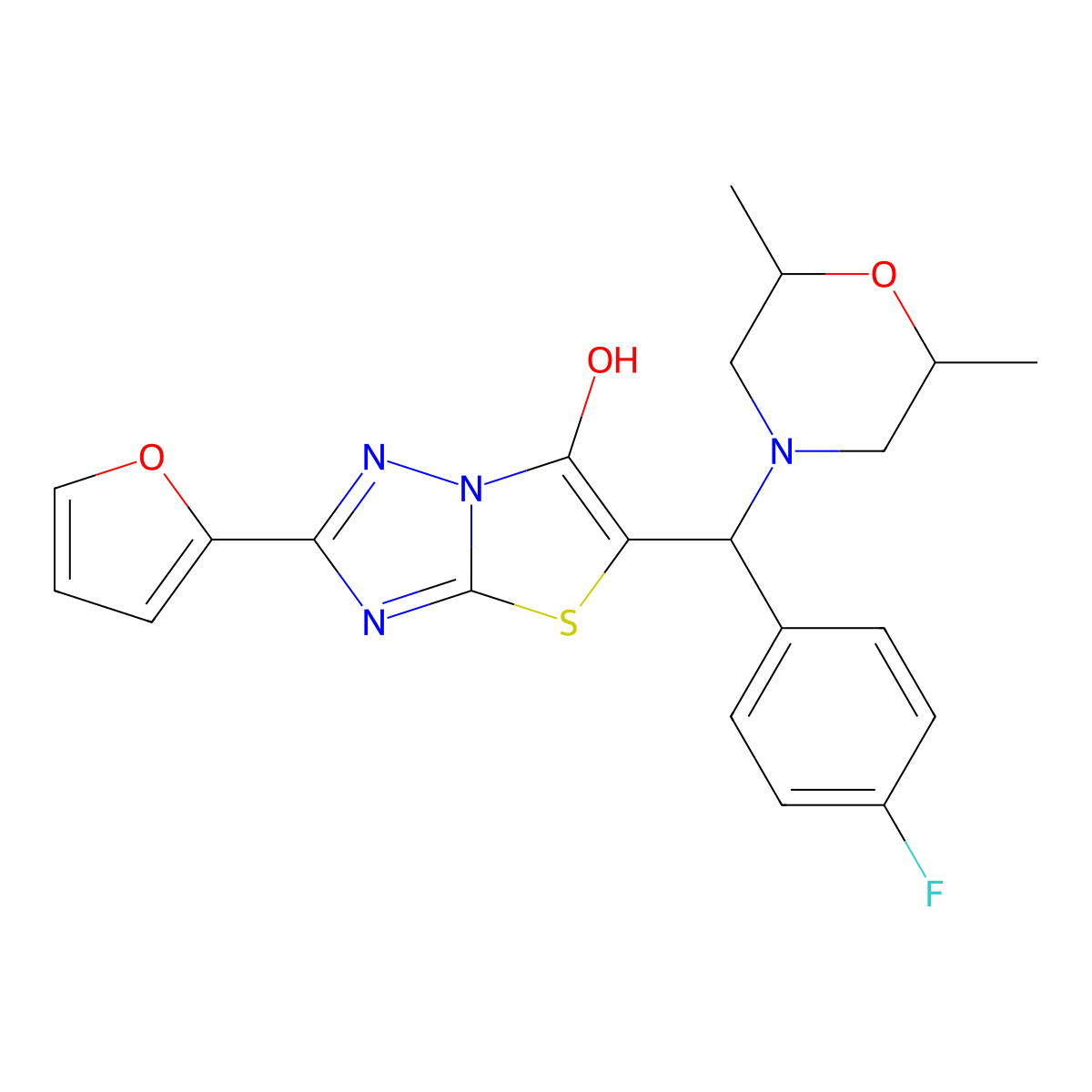 5-((2,6-Dimethylmorpholino)(4-fluorophenyl)methyl)-2-(furan-2-yl)thiazolo[3,2-b][1,2,4]triazol-6-ol molecular structure, CAS 1052556-40-7