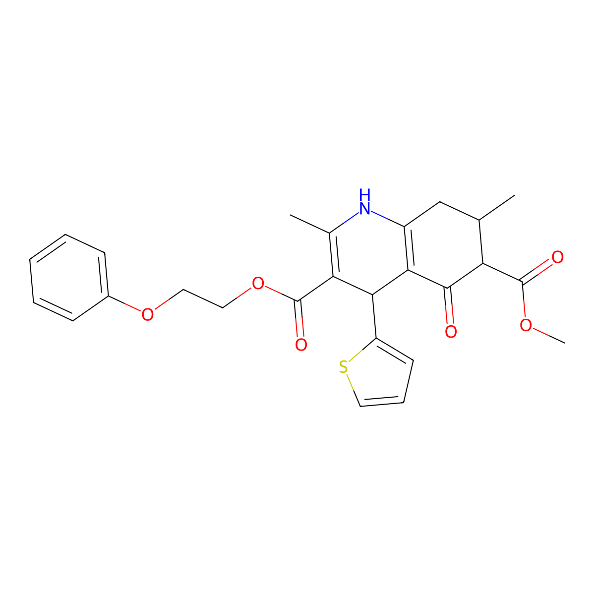 6-Methyl 3-(2-phenoxyethyl) 2,7-dimethyl-5-oxo-4-(thiophen-2-yl)-1,4,5,6,7,8-hexahydroquinoline-3,6-dicarboxylate molecular structure, CAS 1052557-03-5