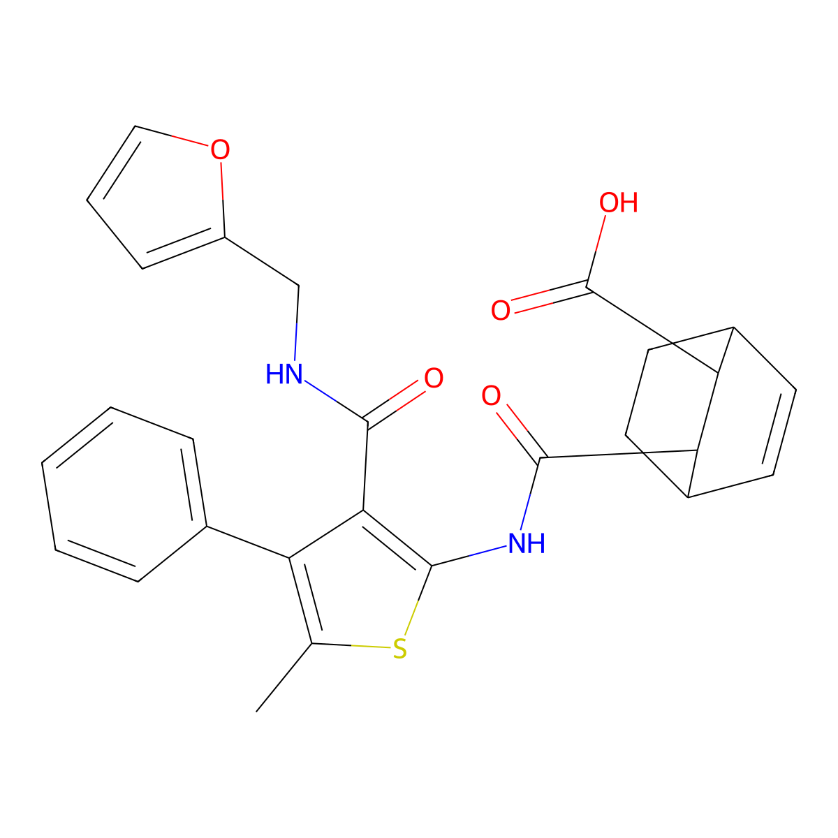 3-({3-[(Furan-2-ylmethyl)carbamoyl]-5-methyl-4-phenylthiophen-2-yl}carbamoyl)bicyclo[2.2.2]oct-5-ene-2-carboxylic acid molecular structure, CAS 1052557-06-8