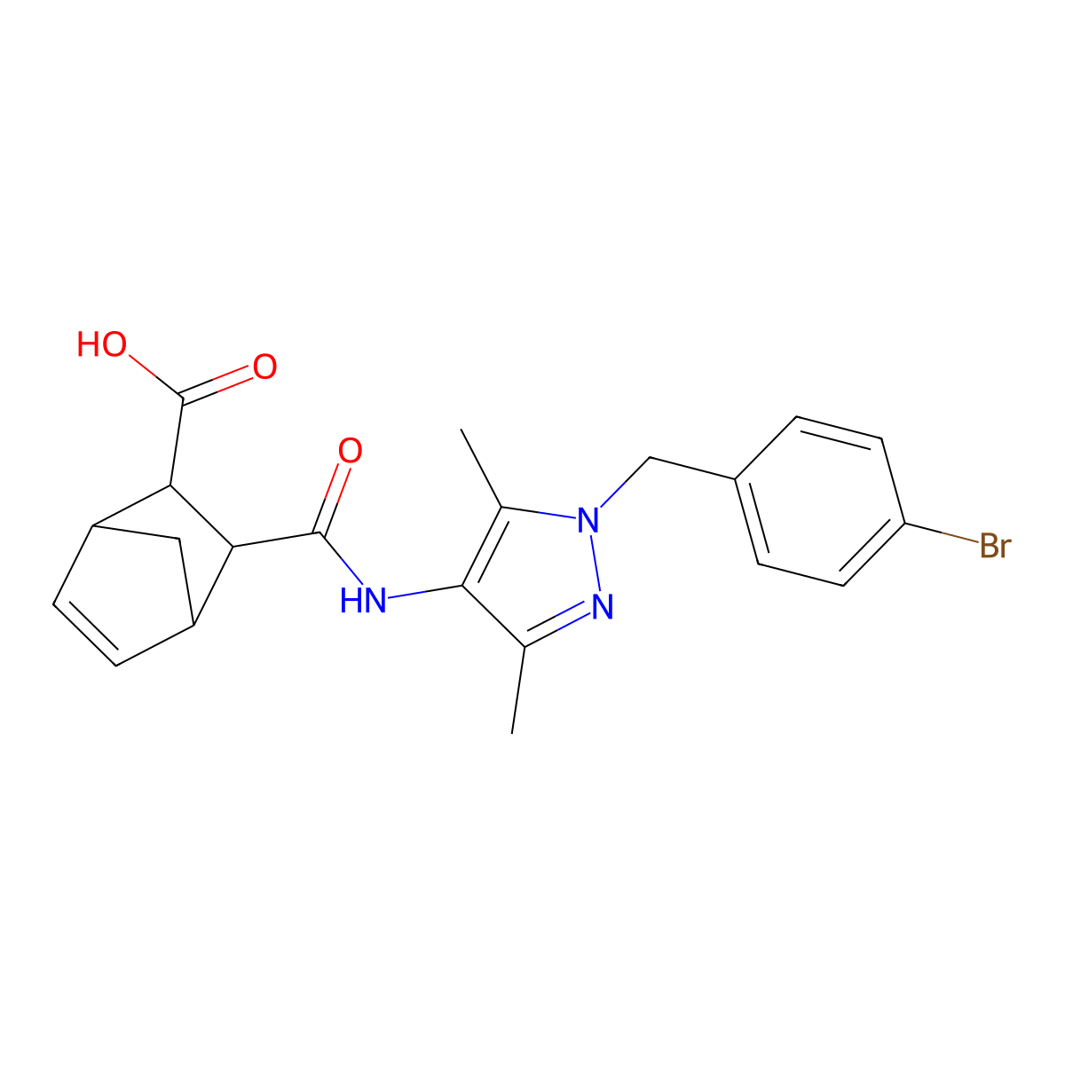 3-((1-(4-bromobenzyl)-3,5-dimethyl-1H-pyrazol-4-yl)carbamoyl)bicyclo[2.2.1]hept-5-ene-2-carboxylic acid molecular structure, CAS 1052557-51-3