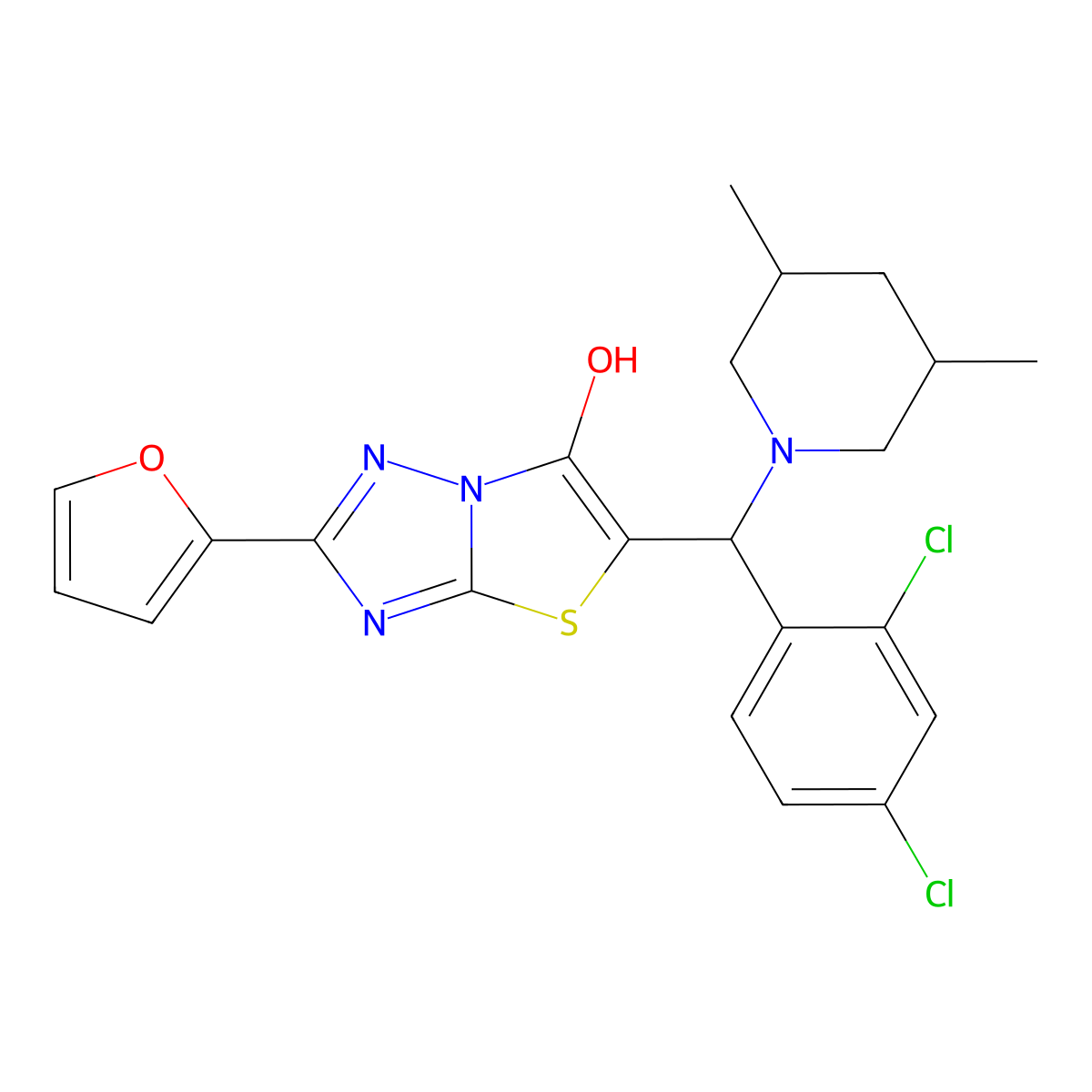 5-((2,4-Dichlorophenyl)(3,5-dimethylpiperidin-1-yl)methyl)-2-(furan-2-yl)thiazolo[3,2-b][1,2,4]triazol-6-ol molecular structure, CAS 1052557-74-0