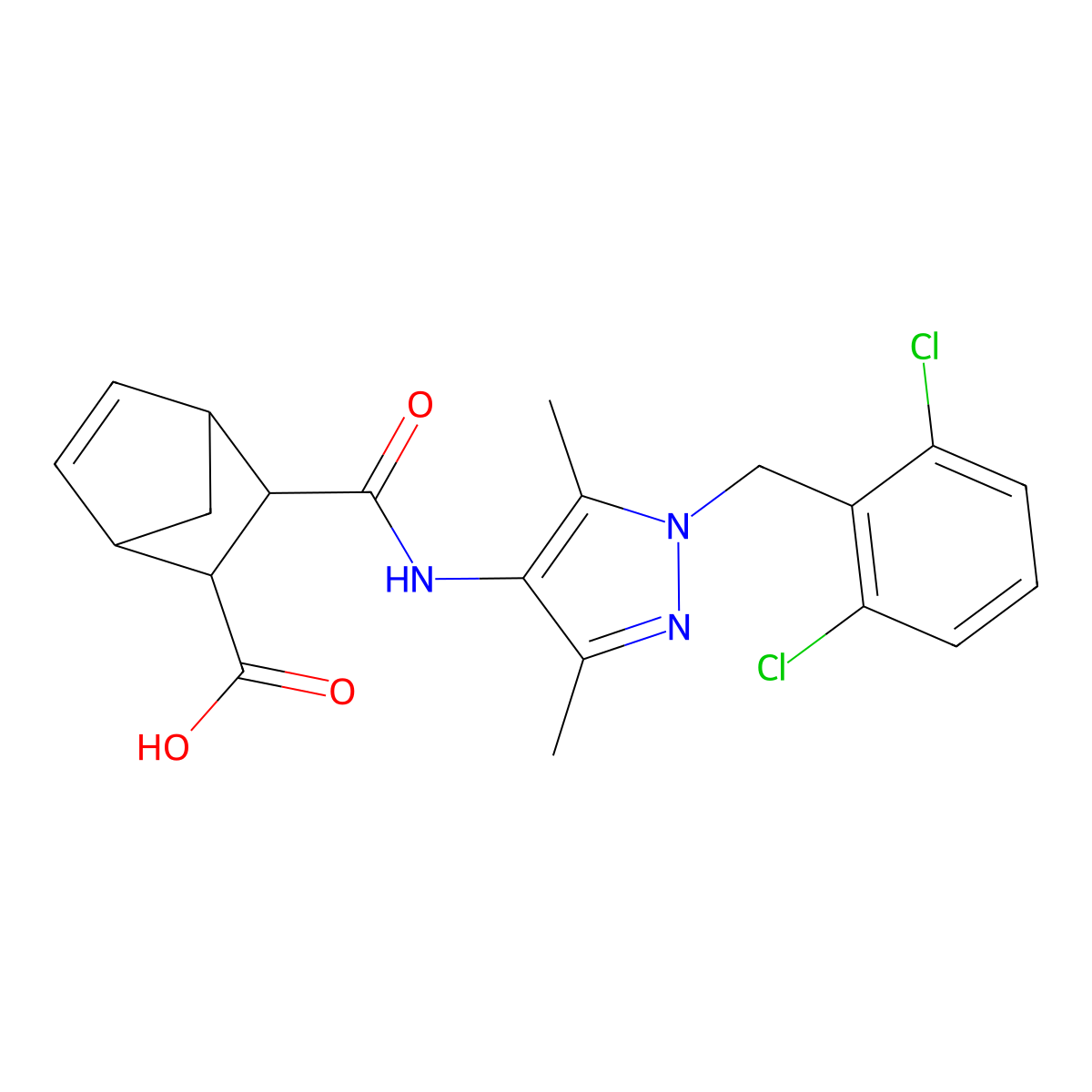 3-((1-(2,6-dichlorobenzyl)-3,5-dimethyl-1H-pyrazol-4-yl)carbamoyl)bicyclo[2.2.1]hept-5-ene-2-carboxylic acid molecular structure, CAS 1052557-89-7