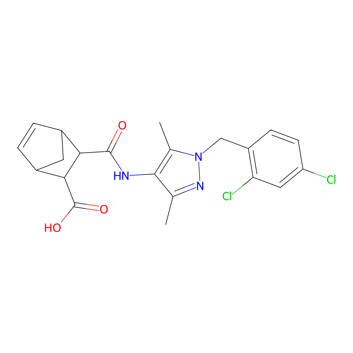 3-((1-(2,4-dichlorobenzyl)-3,5-dimethyl-1H-pyrazol-4-yl)carbamoyl)bicyclo[2.2.1]hept-5-ene-2-carboxylic acid molecular structure, CAS 1052558-34-5