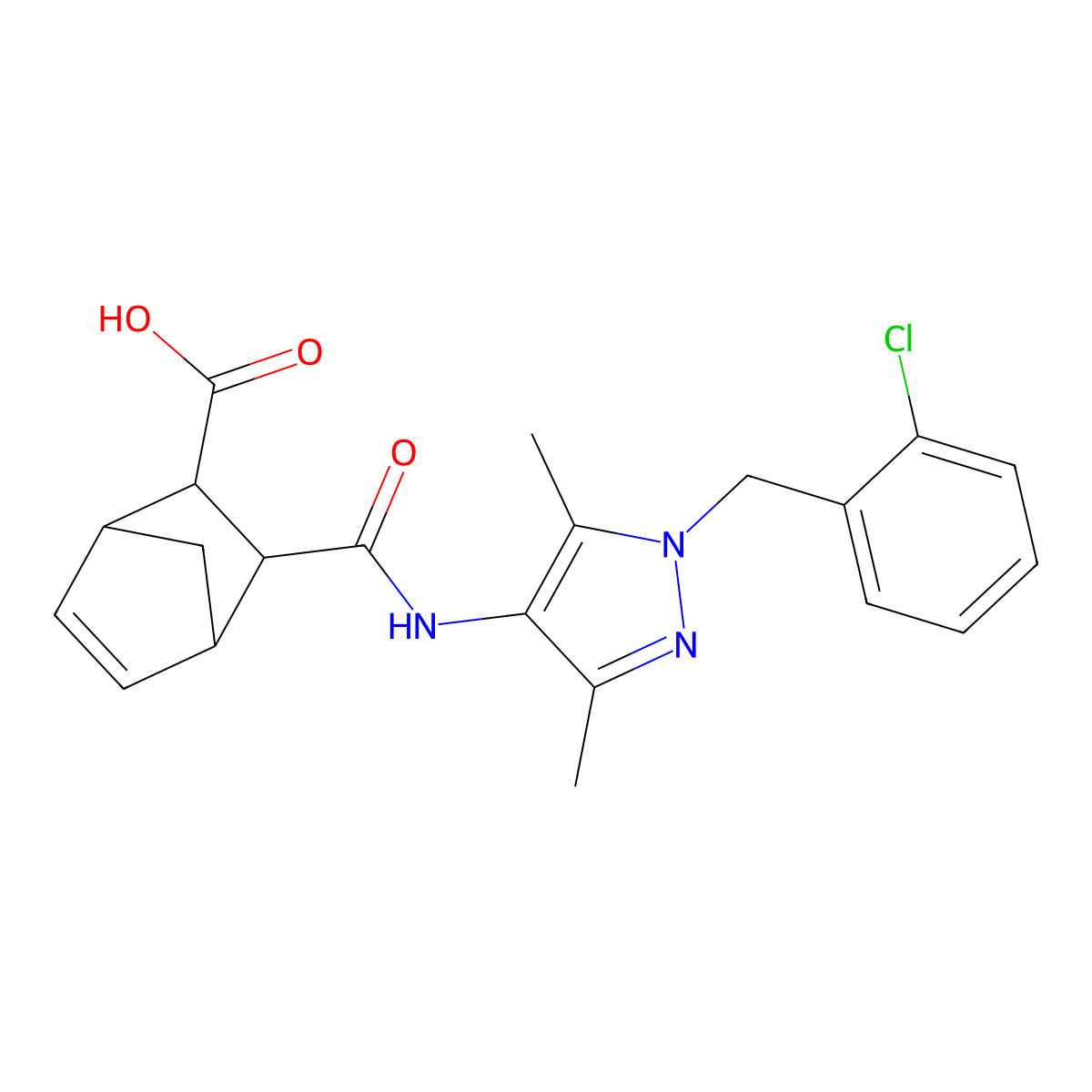 3-((1-(2-chlorobenzyl)-3,5-dimethyl-1H-pyrazol-4-yl)carbamoyl)bicyclo[2.2.1]hept-5-ene-2-carboxylic acid molecular structure, CAS 1052558-57-2