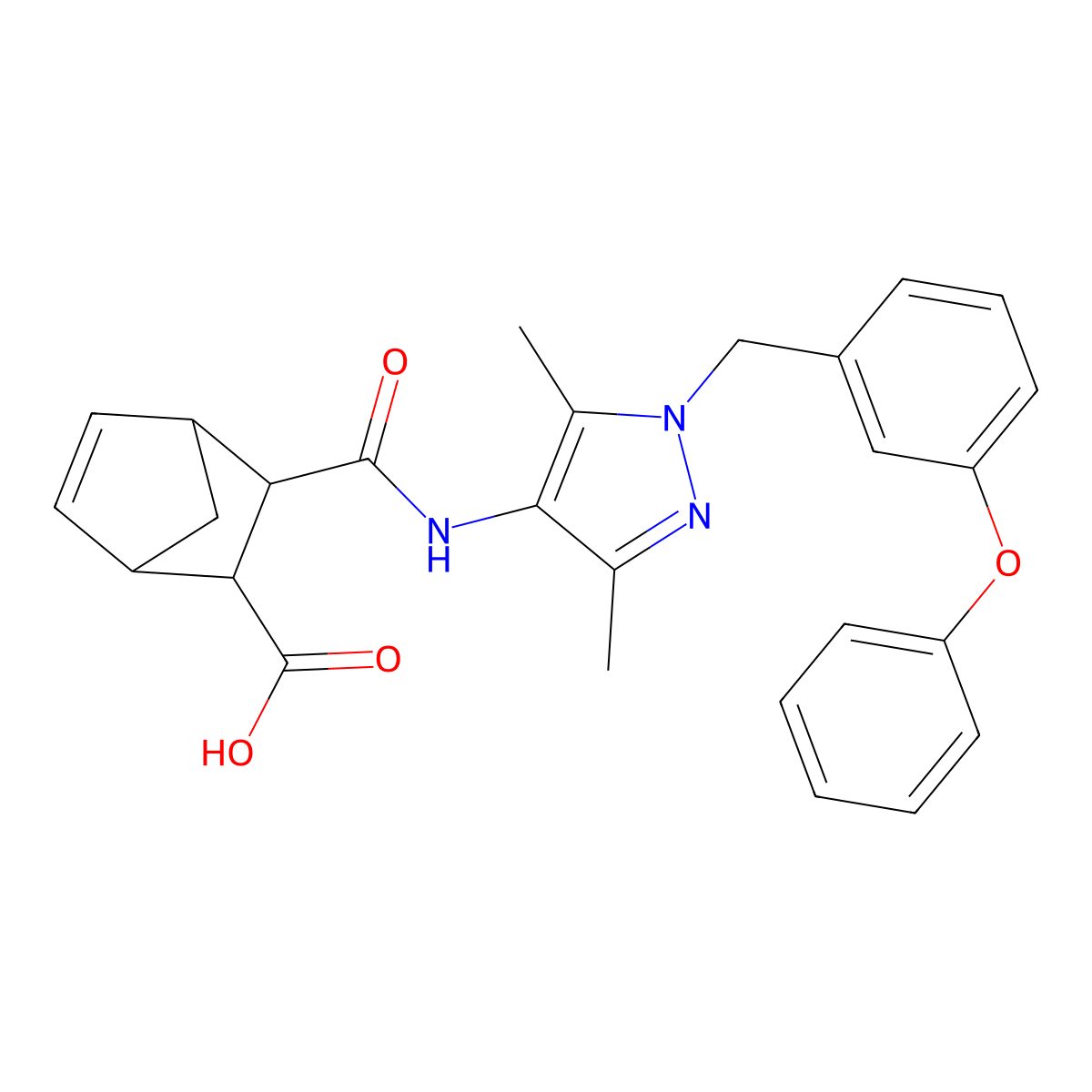 3-((3,5-dimethyl-1-(3-phenoxybenzyl)-1H-pyrazol-4-yl)carbamoyl)bicyclo[2.2.1]hept-5-ene-2-carboxylic acid molecular structure, CAS 1052558-83-4