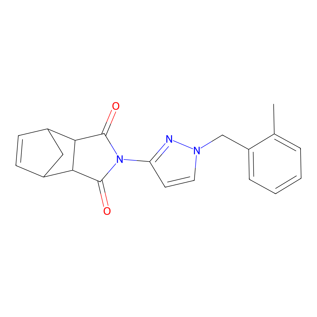2-(1-(2-methylbenzyl)-1H-pyrazol-3-yl)-3a,4,7,7a-tetrahydro-1H-4,7-methanoisoindole-1,3(2H)-dione molecular structure, CAS 1052559-28-0