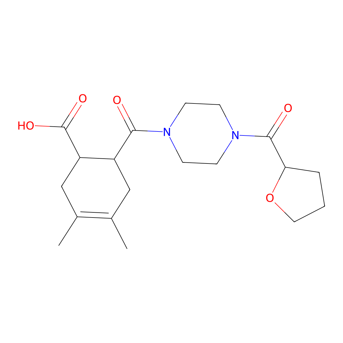 3,4-Dimethyl-6-{[4-(tetrahydrofuran-2-ylcarbonyl)piperazin-1-yl]carbonyl}cyclohex-3-ene-1-carboxylic acid molecular structure, CAS 1052560-39-0