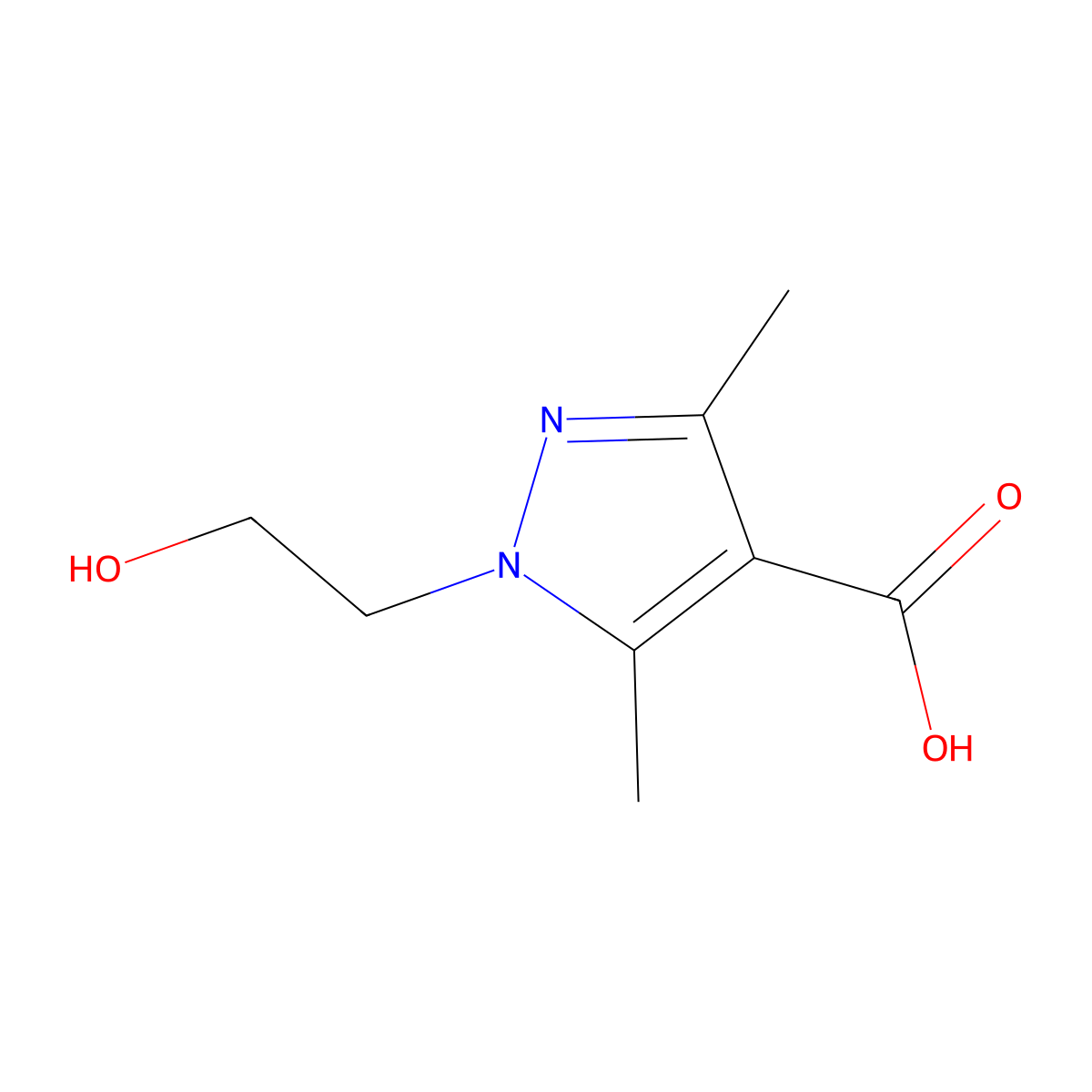 1-(2-hydroxyethyl)-3,5-dimethyl-1H-pyrazole-4-carboxylic acid molecular structure, CAS 1052561-82-6