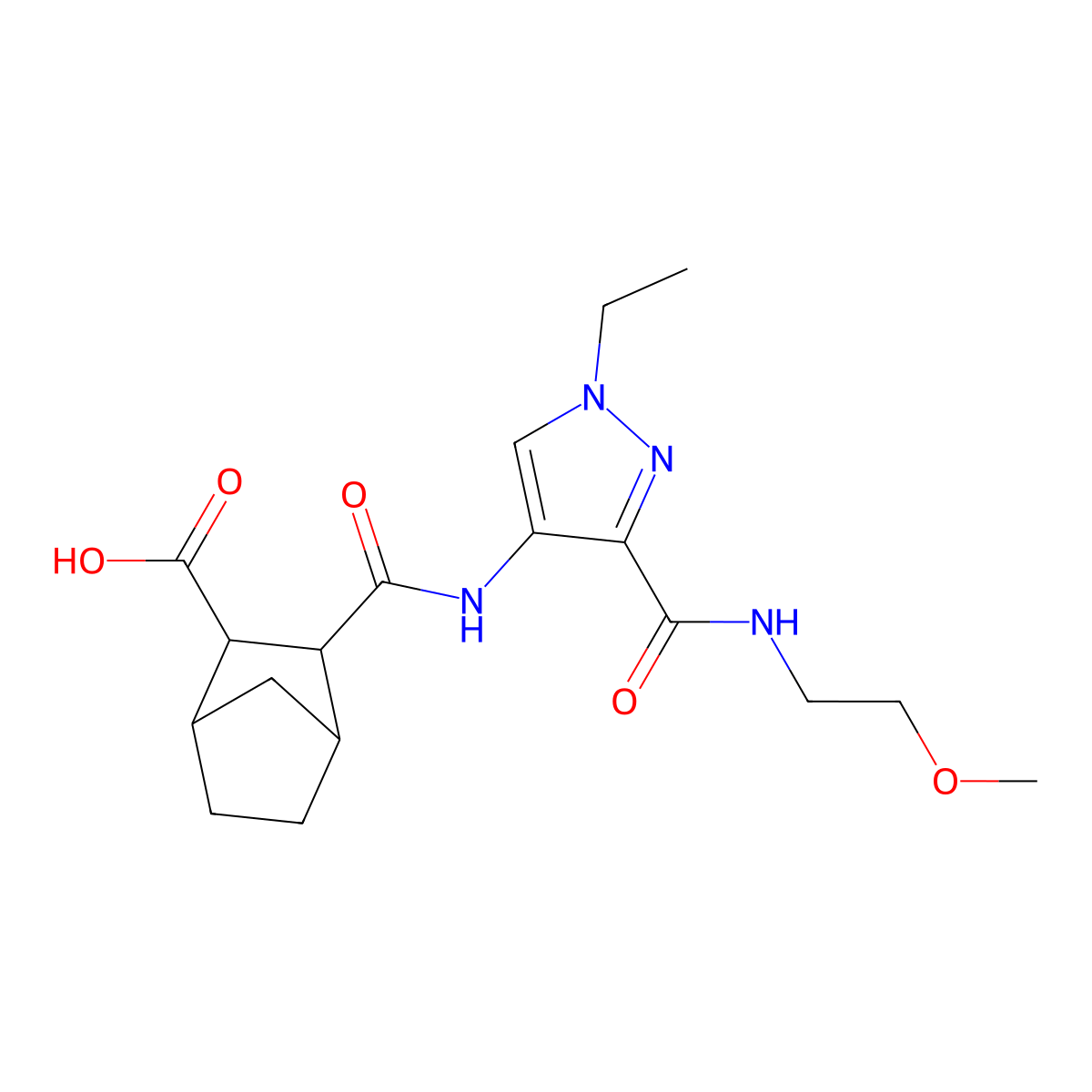 3-((1-ethyl-3-((2-methoxyethyl)carbamoyl)-1H-pyrazol-4-yl)carbamoyl)bicyclo[2.2.1]heptane-2-carboxylic acid molecular structure, CAS 1052566-27-4