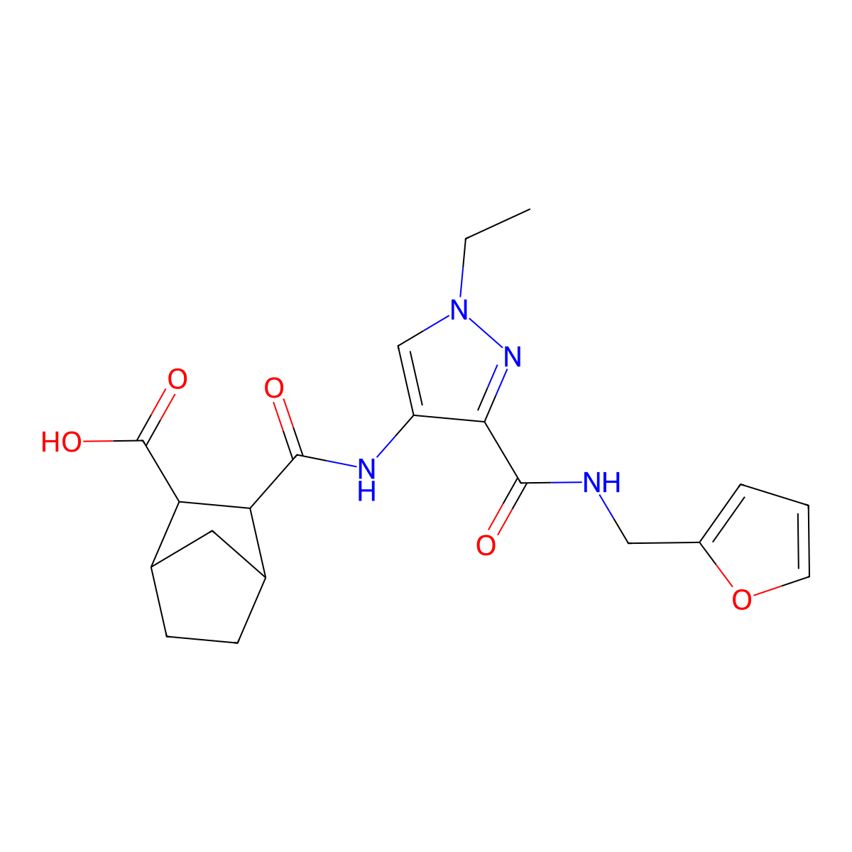 3-({1-ethyl-3-[(furan-2-ylmethyl)carbamoyl]-1H-pyrazol-4-yl}carbamoyl)bicyclo[2.2.1]heptane-2-carboxylic acid molecular structure, CAS 1052567-00-6