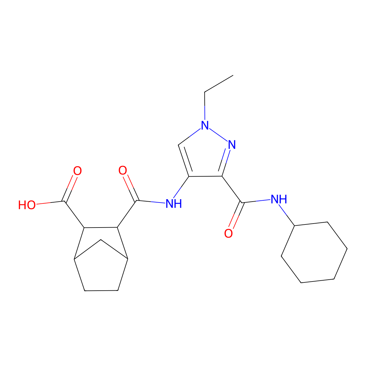 3-((3-(cyclohexylcarbamoyl)-1-ethyl-1H-pyrazol-4-yl)carbamoyl)bicyclo[2.2.1]heptane-2-carboxylic acid molecular structure, CAS 1052567-29-9