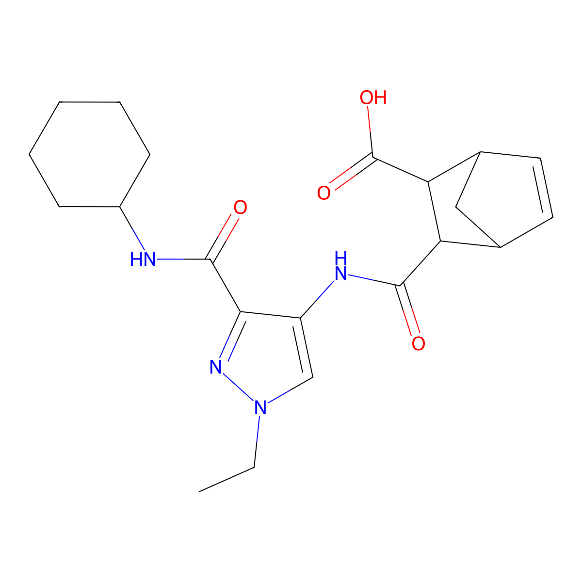 3-{[3-(cyclohexylcarbamoyl)-1-ethyl-1H-pyrazol-4-yl]carbamoyl}bicyclo[2.2.1]hept-5-ene-2-carboxylic acid molecular structure, CAS 1052567-73-3
