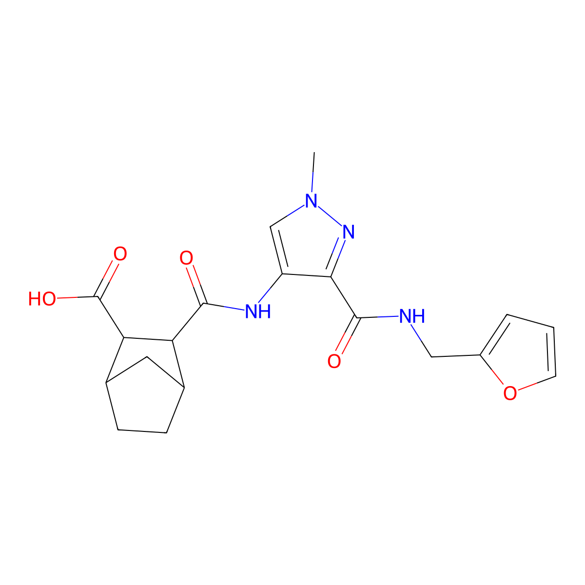 3-((3-((furan-2-ylmethyl)carbamoyl)-1-methyl-1H-pyrazol-4-yl)carbamoyl)bicyclo[2.2.1]heptane-2-carboxylic acid molecular structure, CAS 1052567-98-2