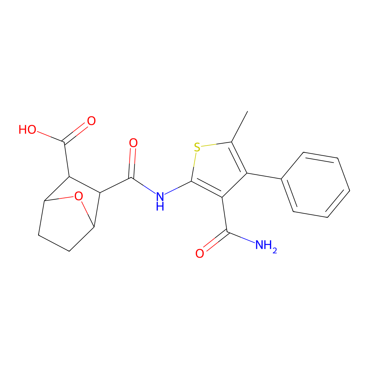 3-[(3-Carbamoyl-5-methyl-4-phenylthiophen-2-yl)carbamoyl]-7-oxabicyclo[2.2.1]heptane-2-carboxylic acid molecular structure, CAS 1052568-68-9