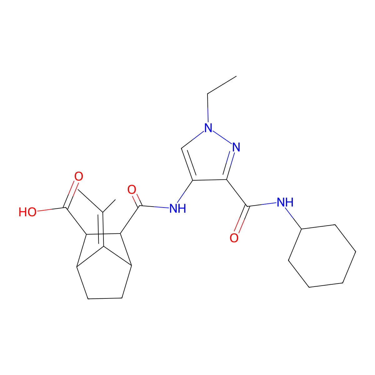 3-((3-(cyclohexylcarbamoyl)-1-ethyl-1H-pyrazol-4-yl)carbamoyl)-7-(propan-2-ylidene)bicyclo[2.2.1]heptane-2-carboxylic acid molecular structure, CAS 1052569-28-4
