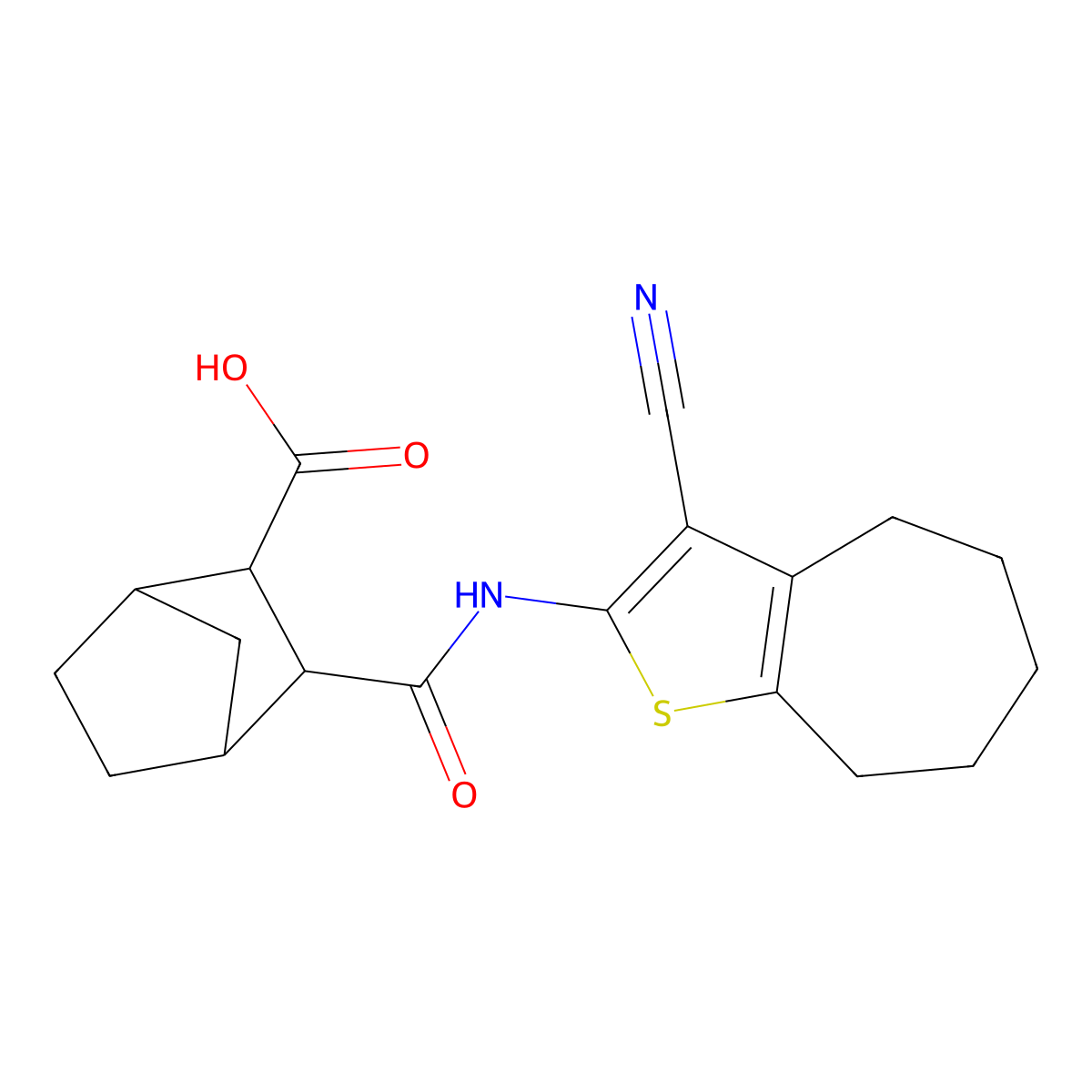 3-[(3-cyano-5,6,7,8-tetrahydro-4H-cyclohepta[b]thiophen-2-yl)carbamoyl]bicyclo[2.2.1]heptane-2-carboxylic acid molecular structure, CAS 1052569-60-4
