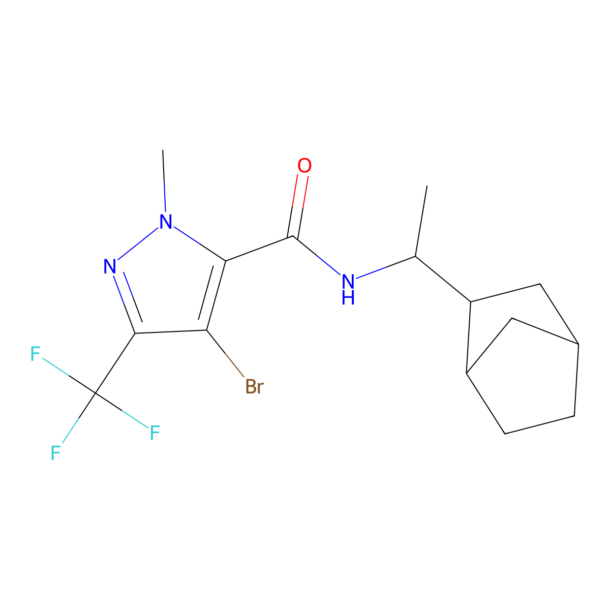 N-[1-(bicyclo[2.2.1]hept-2-yl)ethyl]-4-bromo-1-methyl-3-(trifluoromethyl)-1H-pyrazole-5-carboxamide molecular structure, CAS 1052569-63-7