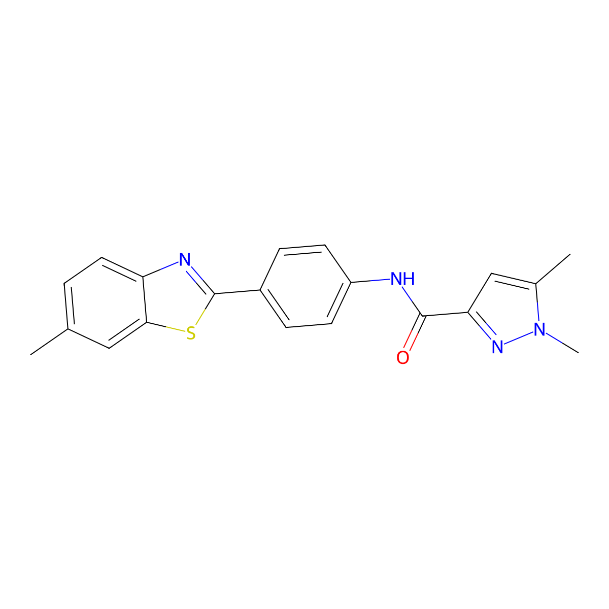 1,5-dimethyl-N-(4-(6-methylbenzo[d]thiazol-2-yl)phenyl)-1H-pyrazole-3-carboxamide molecular structure, CAS 1052569-71-7
