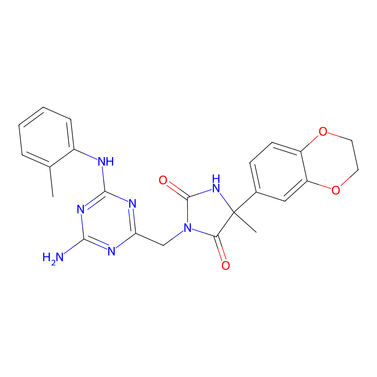 3-({4-Amino-6-[(2-methylphenyl)amino]-1,3,5-triazin-2-yl}methyl)-5-(2,3-dihydro-1,4-benzodioxin-6-yl)-5-methylimidazolidine-2,4-dione molecular structure, CAS 1052571-58-0