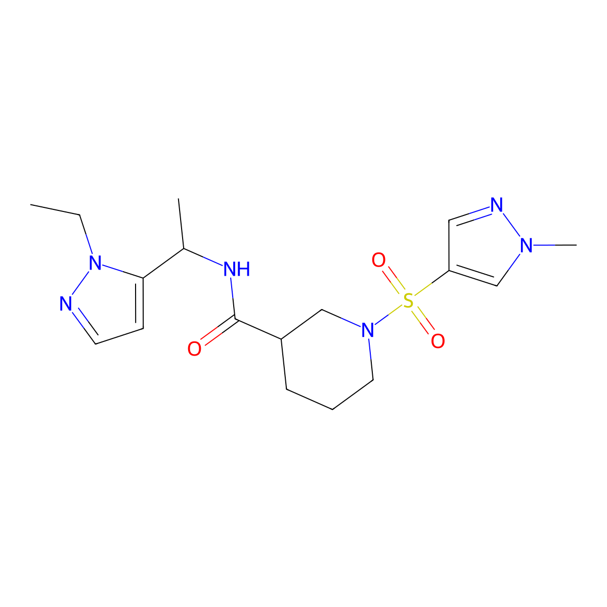 N-[1-(1-ethyl-1H-pyrazol-5-yl)ethyl]-1-[(1-methyl-1H-pyrazol-4-yl)sulfonyl]piperidine-3-carboxamide molecular structure, CAS 1052571-89-7