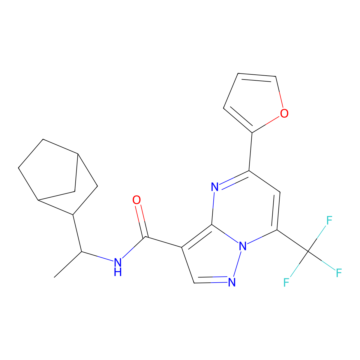 N-[1-(bicyclo[2.2.1]hept-2-yl)ethyl]-5-(furan-2-yl)-7-(trifluoromethyl)pyrazolo[1,5-a]pyrimidine-3-carboxamide molecular structure, CAS 1052572-47-0
