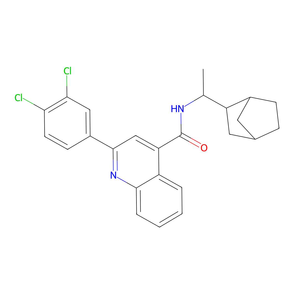 N-[1-(bicyclo[2.2.1]hept-2-yl)ethyl]-2-(3,4-dichlorophenyl)quinoline-4-carboxamide molecular structure, CAS 1052573-00-8