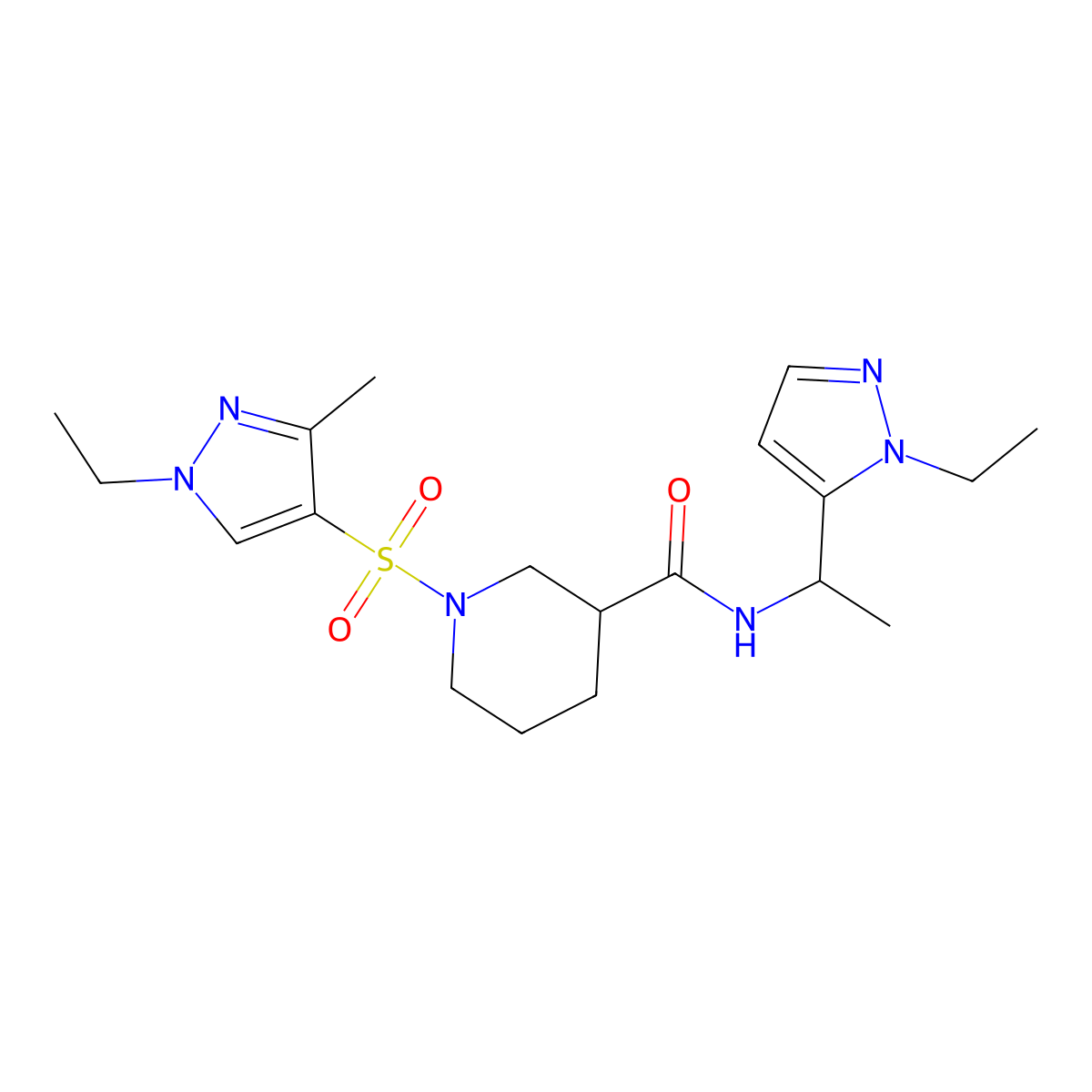 1-[(1-ethyl-3-methyl-1H-pyrazol-4-yl)sulfonyl]-N-[1-(1-ethyl-1H-pyrazol-5-yl)ethyl]piperidine-3-carboxamide molecular structure, CAS 1052573-39-3