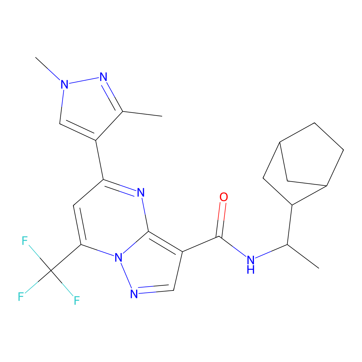N-[1-(bicyclo[2.2.1]hept-2-yl)ethyl]-5-(1,3-dimethyl-1H-pyrazol-4-yl)-7-(trifluoromethyl)pyrazolo[1,5-a]pyrimidine-3-carboxamide molecular structure, CAS 1052574-17-0