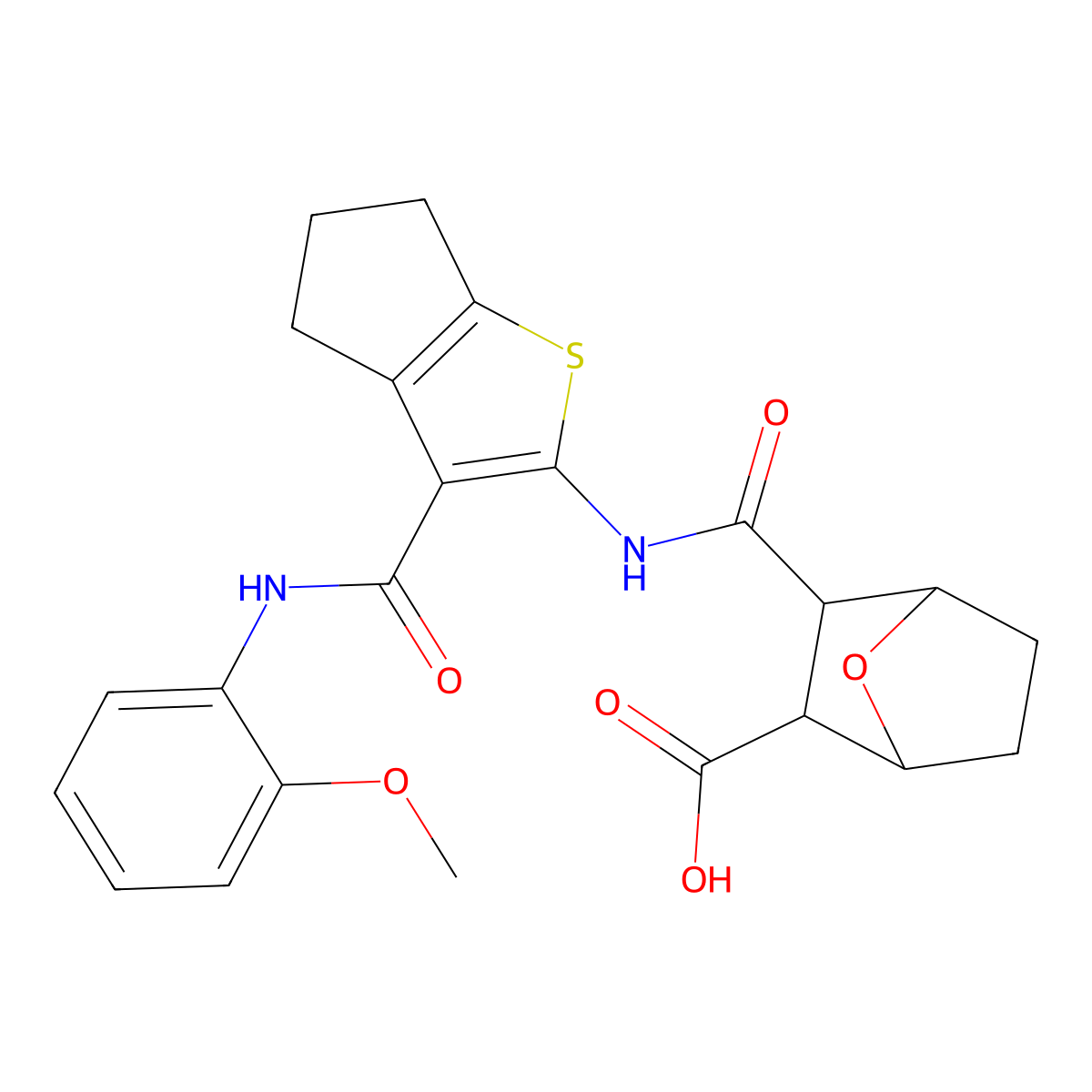 3-({3-[(2-methoxyphenyl)carbamoyl]-5,6-dihydro-4H-cyclopenta[b]thiophen-2-yl}carbamoyl)-7-oxabicyclo[2.2.1]heptane-2-carboxylic acid molecular structure, CAS 1052577-19-1