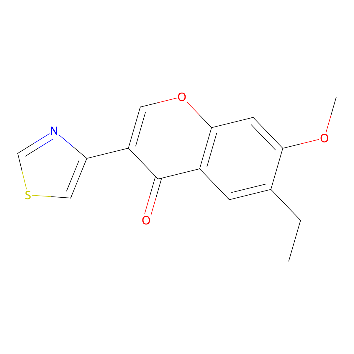 4H-1-Benzopyran-4-one, 6-ethyl-7-methoxy-3-(4-thiazolyl)- molecular structure, CAS 105258-04-6