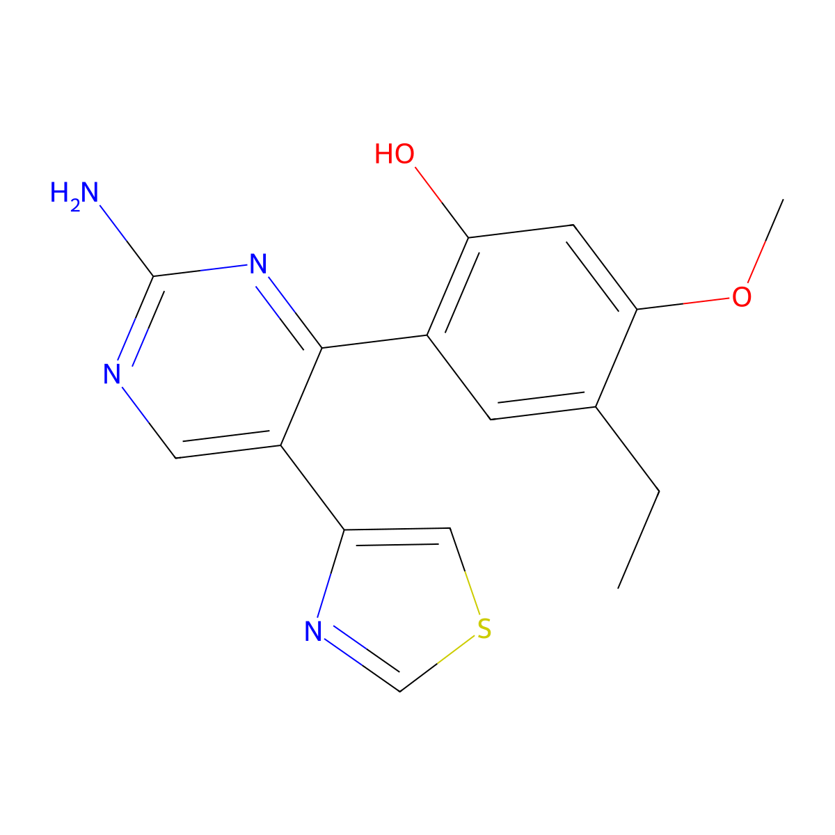 2-(2-Amino-5-(thiazol-4-yl)pyrimidin-4-yl)-4-ethyl-5-methoxyphenol molecular structure, CAS 105258-14-8