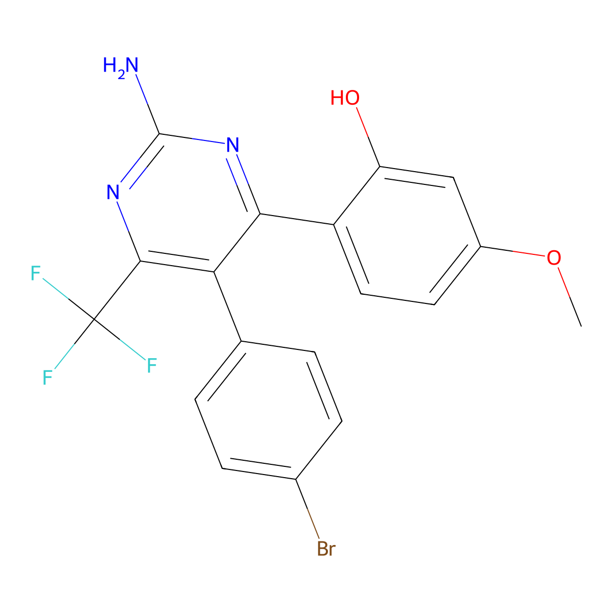 2-[2-Amino-5-(4-bromophenyl)-6-(trifluoromethyl)pyrimidin-4-yl]-5-methoxyphenol molecular structure, CAS 105258-18-2