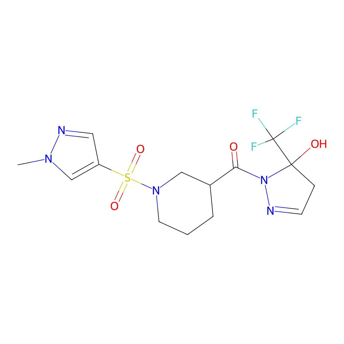 [5-hydroxy-5-(trifluoromethyl)-4,5-dihydro-1H-pyrazol-1-yl]{1-[(1-methyl-1H-pyrazol-4-yl)sulfonyl]piperidin-3-yl}methanone molecular structure, CAS 1052581-21-1