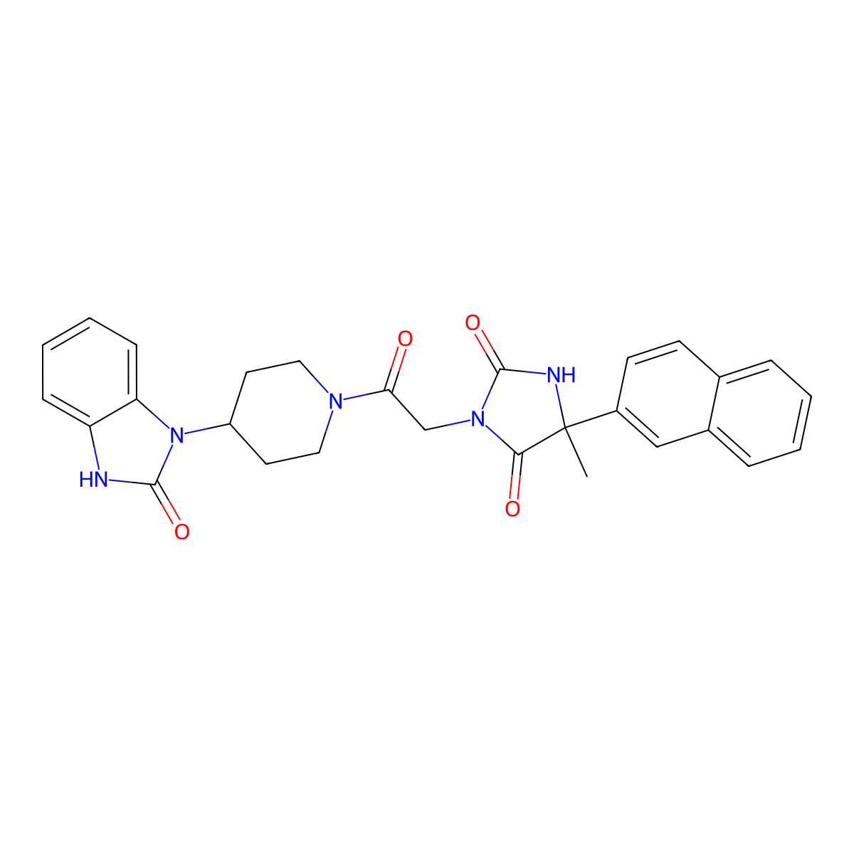 5-methyl-5-(naphthalen-2-yl)-3-(2-oxo-2-(4-(2-oxo-2,3-dihydro-1H-benzo[d]imidazol-1-yl)piperidin-1-yl)ethyl)imidazolidine-2,4-dione molecular structure, CAS 1052587-88-8