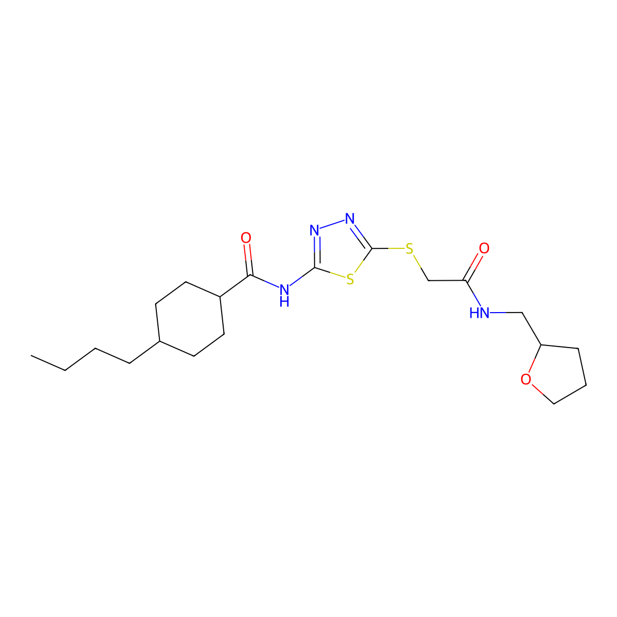 4-butyl-N-(5-((2-oxo-2-(((tetrahydrofuran-2-yl)methyl)amino)ethyl)thio)-1,3,4-thiadiazol-2-yl)cyclohexanecarboxamide molecular structure, CAS 1052602-81-9