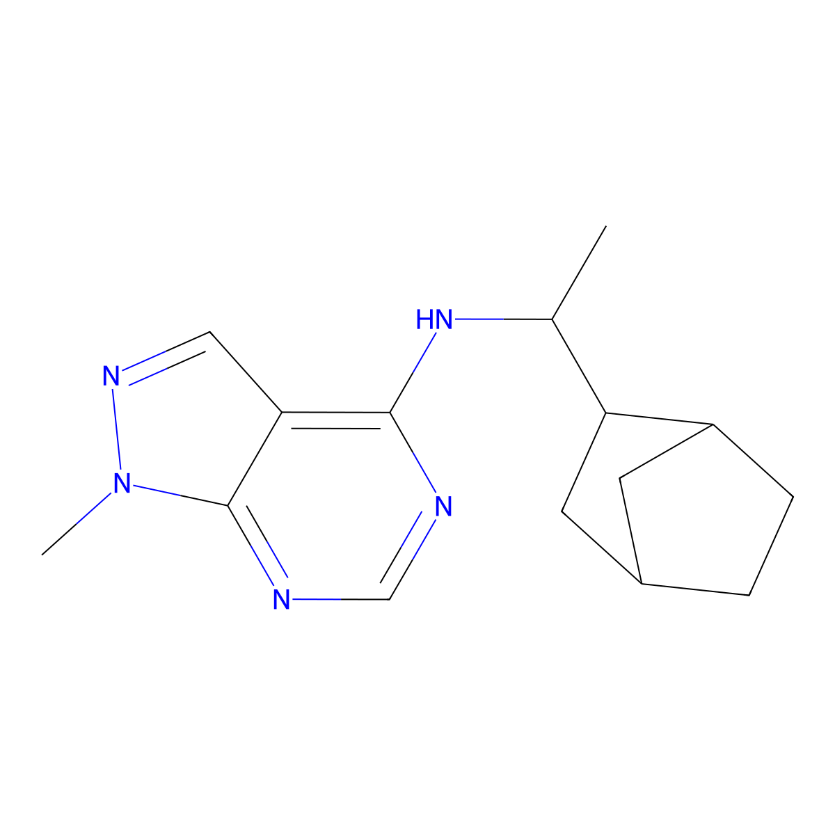 N-(1-(bicyclo[2.2.1]heptan-2-yl)ethyl)-1-methyl-1H-pyrazolo[3,4-d]pyrimidin-4-amine molecular structure, CAS 1052603-14-1