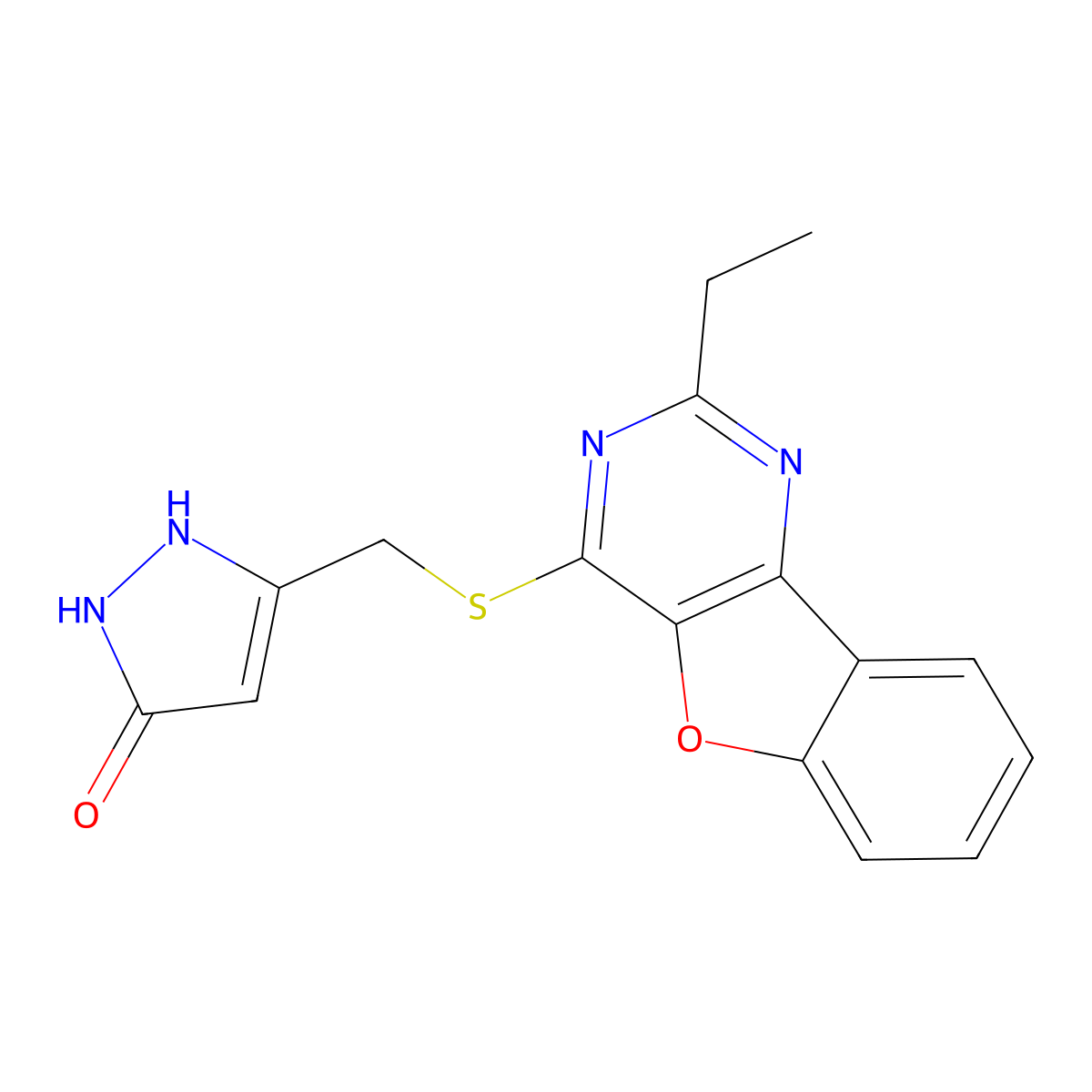3-[({4-ethyl-8-oxa-3,5-diazatricyclo[7.4.0.0^{2,7}]trideca-1(9),2(7),3,5,10,12-hexaen-6-yl}sulfanyl)methyl]-1H-pyrazol-5-ol molecular structure, CAS 1052609-43-4