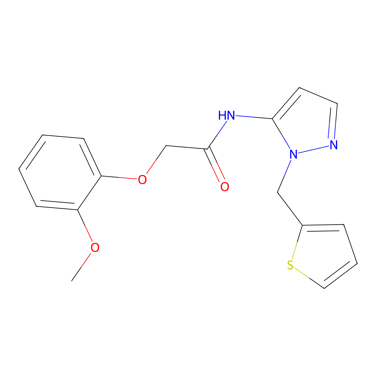 2-(2-methoxyphenoxy)-N-[1-(thiophen-2-ylmethyl)-1H-pyrazol-5-yl]acetamide molecular structure, CAS 1052611-98-9