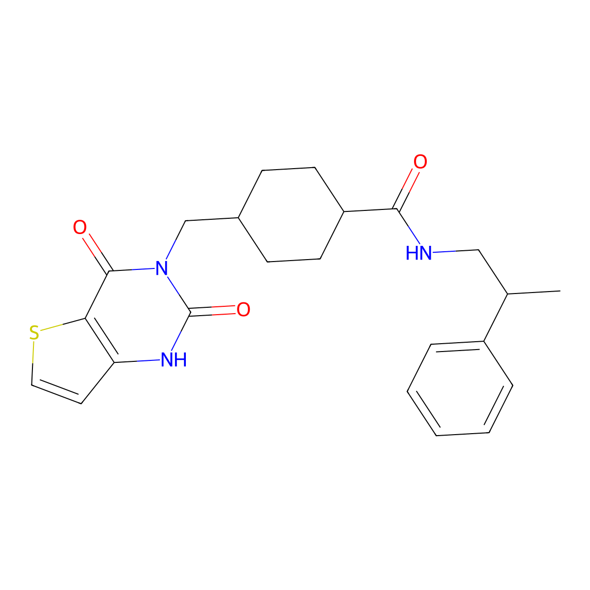 4-((2,4-dioxo-1,2-dihydrothieno[3,2-d]pyrimidin-3(4H)-yl)methyl)-N-(2-phenylpropyl)cyclohexanecarboxamide molecular structure, CAS 1052615-91-4