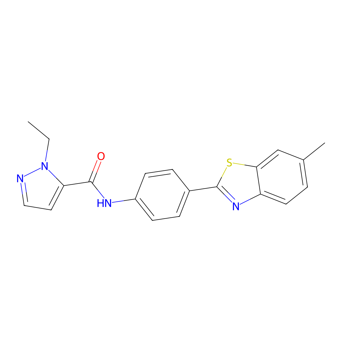 1-ethyl-N-(4-(6-methylbenzo[d]thiazol-2-yl)phenyl)-1H-pyrazole-5-carboxamide molecular structure, CAS 1052620-97-9