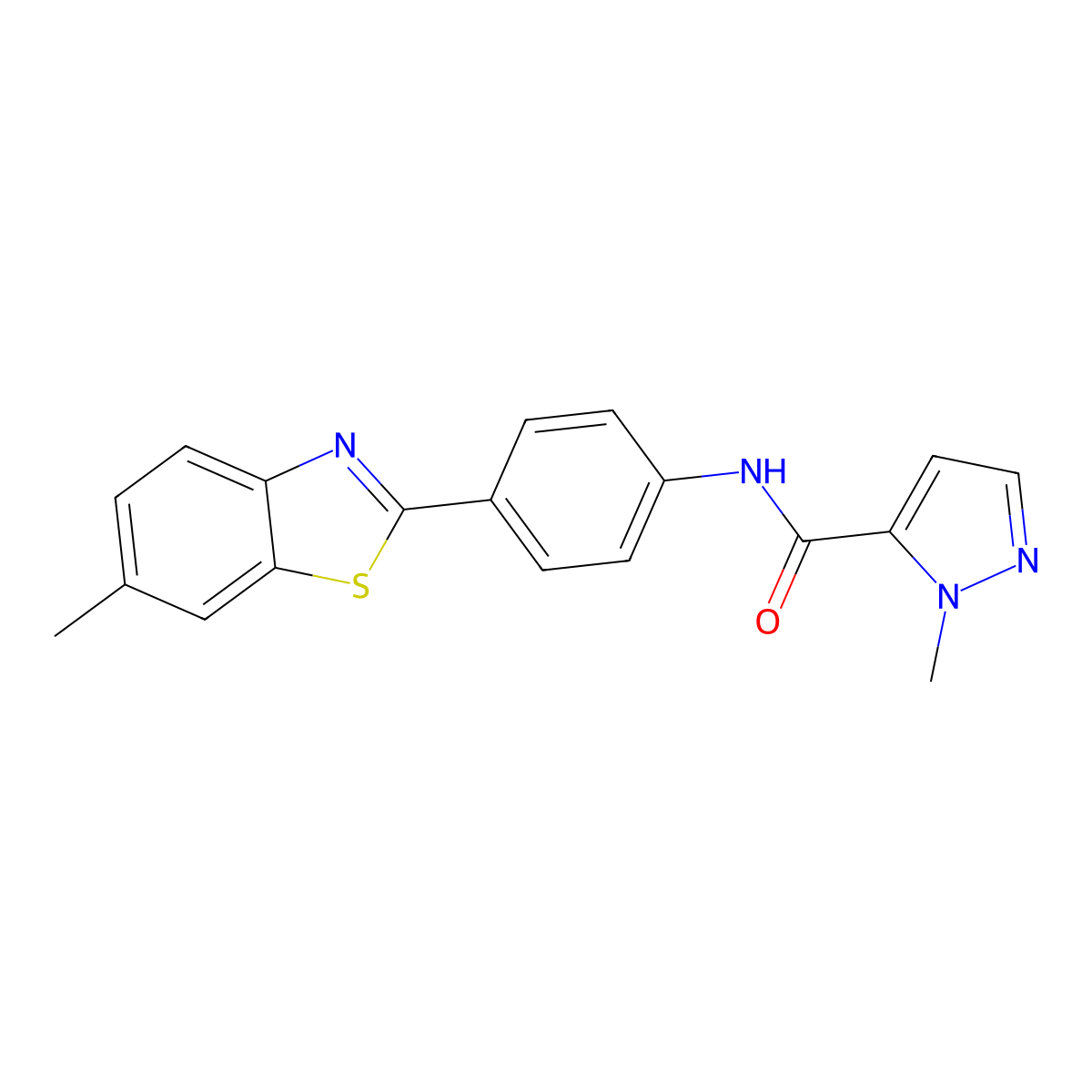 1-methyl-N-(4-(6-methylbenzo[d]thiazol-2-yl)phenyl)-1H-pyrazole-5-carboxamide molecular structure, CAS 1052621-94-9