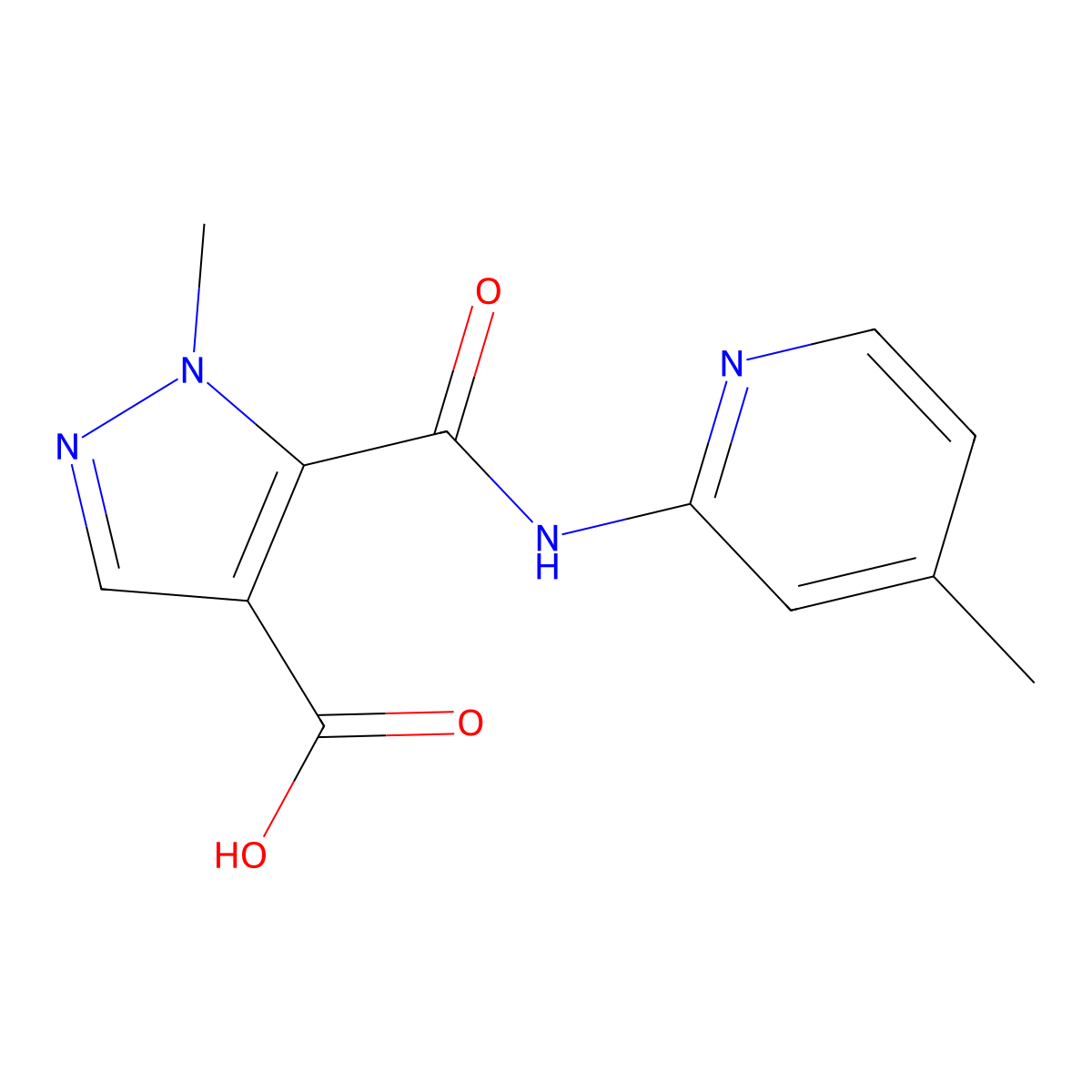 1-methyl-5-((4-methylpyridin-2-yl)carbamoyl)-1H-pyrazole-4-carboxylic acid molecular structure, CAS 1052626-79-5
