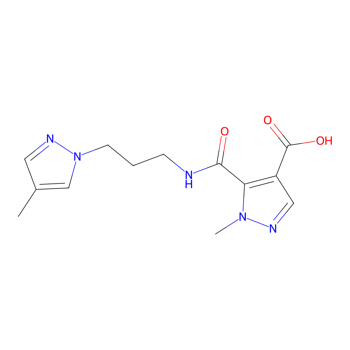 1-methyl-5-((3-(4-methyl-1H-pyrazol-1-yl)propyl)carbamoyl)-1H-pyrazole-4-carboxylic acid molecular structure, CAS 1052627-73-2